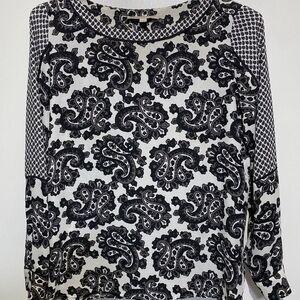 Loft Women's Black White Paisley Boat Neck Long Sleeve Blouse Size Medium